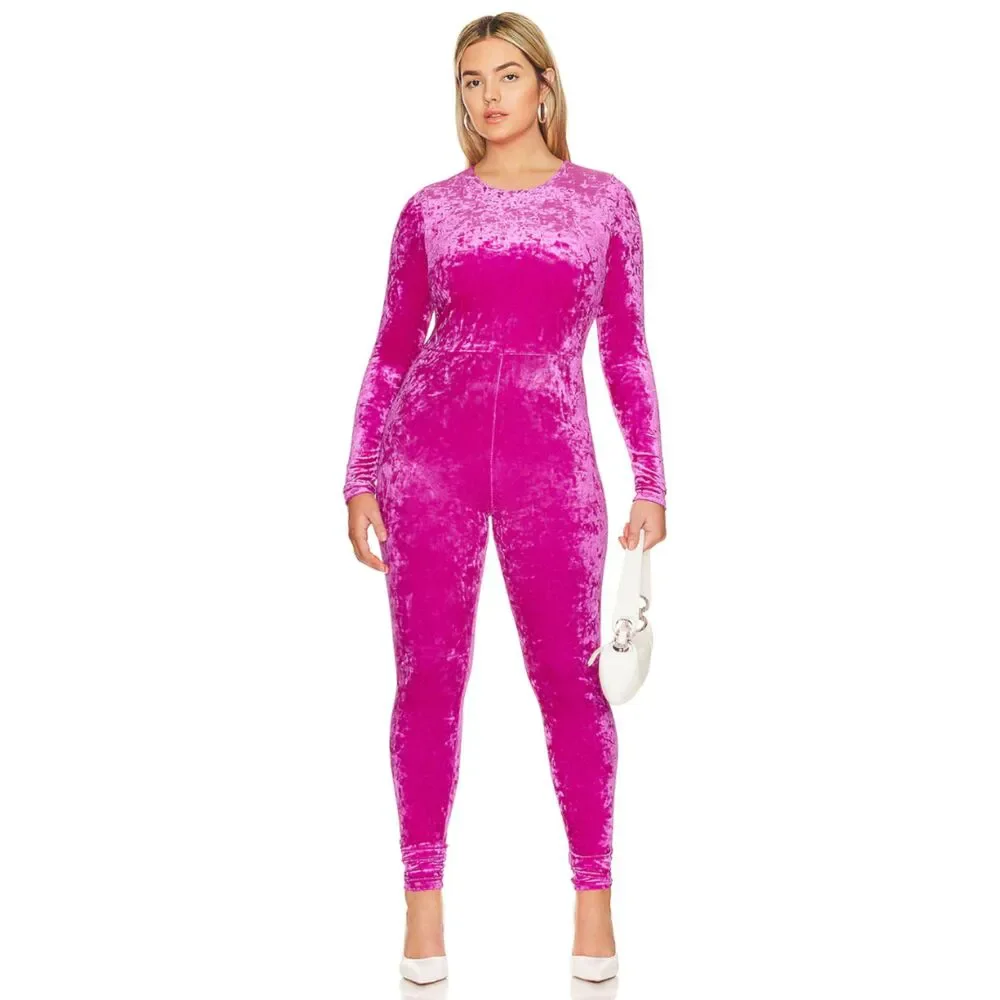 Good American Crushed Velvet Catsuit Jumpsuit Fuchsia Pink NWT Size 4XL (GA 7)